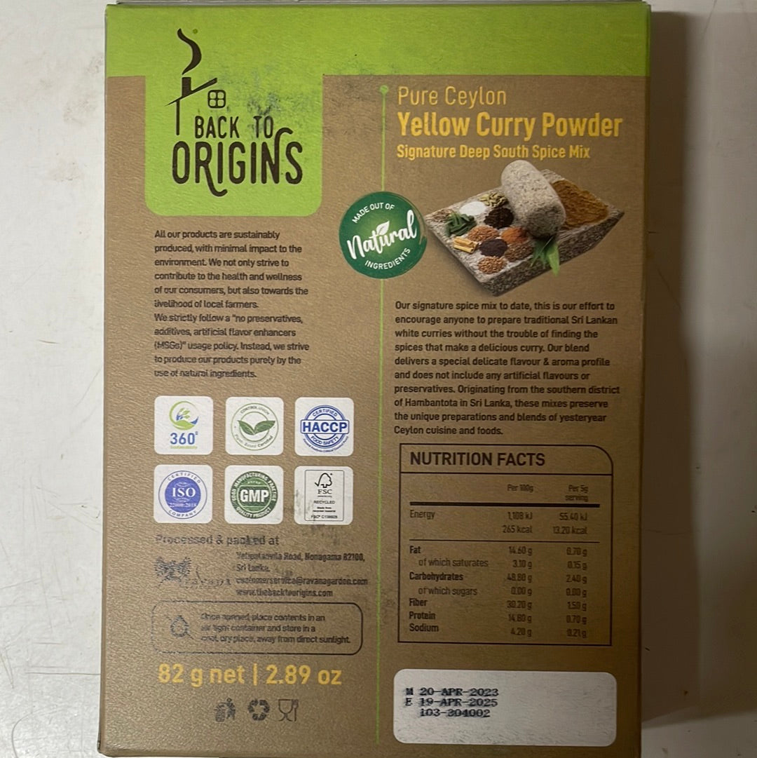 Back To Origins Pure Ceylon Yellow Curry Powder 82g (signature Deep South spice mix)